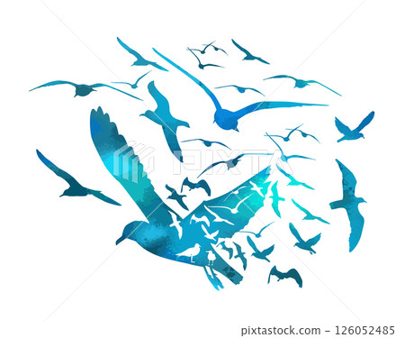 Flying blue birds silhouettes on white background. Vector illustration. isolated bird flying. tattoo design. 126052485