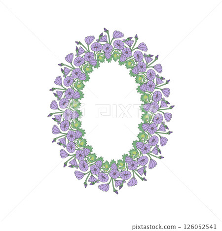 Hand drawn line art canary islands flowers mallow bindweed wreath. Card template with cute floral frame Hand drawn line art canary islands flowers mallow bindweed wreath. Card template with cute floral frame 126052541