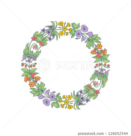 Hand drawn line art canary islands flowers wreath. Card template with cute floral frame Hand drawn line art canary islands flowers wreath. Card template with cute floral frame 126052544