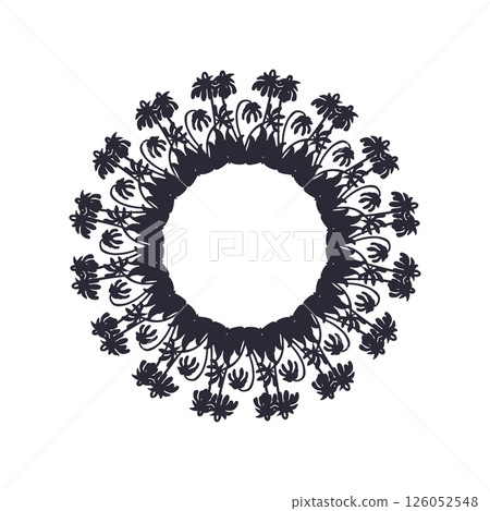 Hand drawn black silhouette canary islands flowers parrot beaks wreath. Card template with cute floral frame 126052548