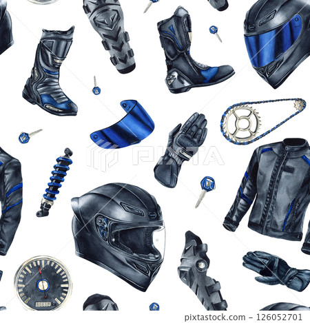 Moto gear clothing seamless pattern. Motorcyclist clothes, accessories. Helmet, glove, motoboot, kneepad, jacket, shock absorber, chain, blue visor, key. Isolated watercolor clip art for packaging. 126052701