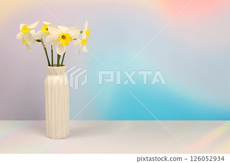 Abstract floral arrangement for screen and design template. Beautiful flyer with daffodils on elegant bright background. Spring card, elegant natural beauty concept, gift for loved ones 126052934