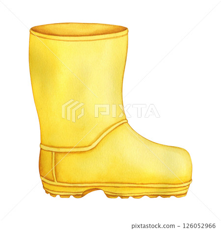 Watercolor illustration of Yellow rubber boots. Hand drawn Illustration of Autumn Shoes. Template for creative design. PNG 126052966