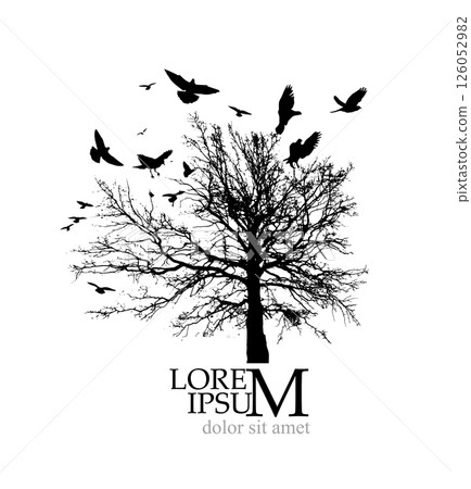 Nature. Silhouette of tree and birds. hand drawn. Not AI, Vector illustration 126052982