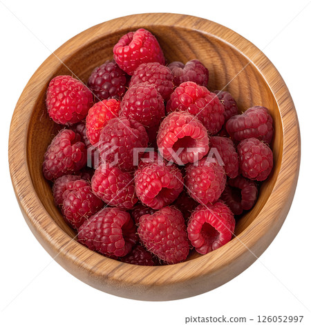 Bright red raspberries in a wooden bowl, fresh organic berries, sweet and tangy summer fruit 126052997