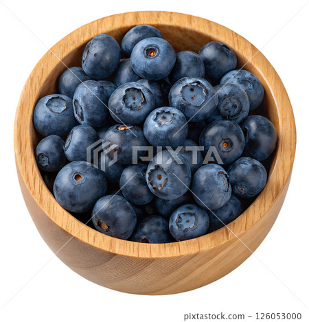Fresh juicy blueberries in a rustic wooden bowl, healthy natural snack, vibrant summer fruits 126053000