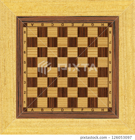 Top view of empty wooden chess board surface, chessboard made of wenge and walnut wood 126053097