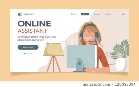 Online assistant landing page. Woman with headphones with computer. Concept illustration for support, assistance, call center. Technical support. Virtual help service. Vector illustration in flat.	 126053394