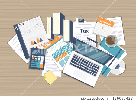 Tax payment concept. State Government taxation, calculation of tax return. Tax form with paper documents, forms, calendar, laptop, calculator. Pay the bills, invoices, payrolls. Vector illustration. Tax payment concept. State Government taxation, calculation of tax return. Tax form with paper documents, forms, calendar, laptop, calculator. Pay the bills, invoices, payrolls. Vector illustration. 126053428