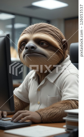 tired and sad sloth office worker using computer at desk 126053537