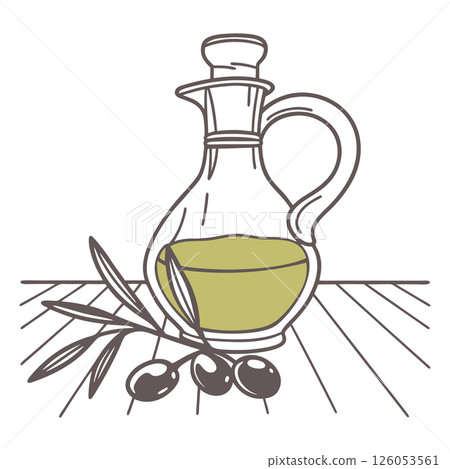 Glass jug of olive oil and olive branch. Natural products. Hand drawn sketch illustration. 126053561