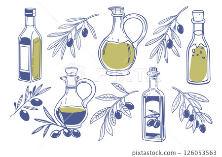 Set of olive oil bottles and olive branches. Collection of illustrations of olive oil, leaves, branches, natural products. Hand drawn sketch illustration. 126053563