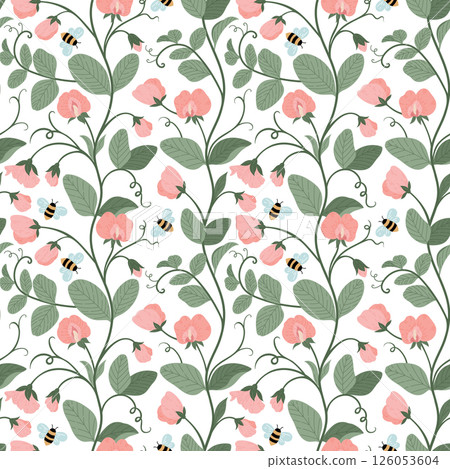 Floral vector pattern with sweet peas and bees on white background. 126053604