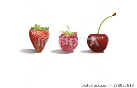 Raspberry, strawberry and cherry berries standing mockup, front view 126053619