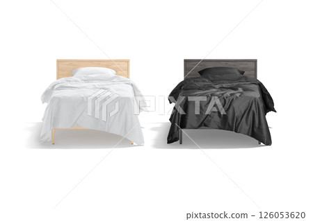 Blank single bed with black and white bedding mockup, isolated 126053620