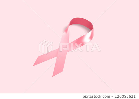 Blank pink breast cancer awareness ribbon mockup, colored background 126053621