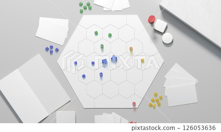 White board game field with chips, dice and cards mockup 126053636