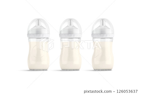 Blank transparent plastic baby bottle milk mockup, different angles views 126053637