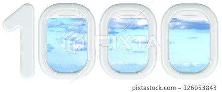 1000, with zeros as airplane windows. Loyalty rewards, frequent flyer miles, or airline promotions concept. 3D rendering 126053843