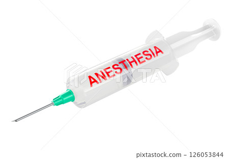 Anesthesia, concept. Syringe with anesthesia inscription, 3D rendering 126053844