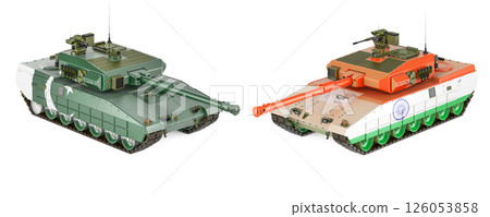 Pakistan and India war clashes, concept. Battle tanks with Pakistani and Indian flags, 3D rendering Pakistan and India war clashes, concept. Battle tanks with Pakistani and Indian flags, 3D rendering 126053858