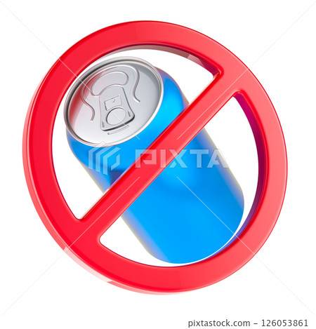 Prohibition symbol with metallic drink can. 3D rendering 126053861