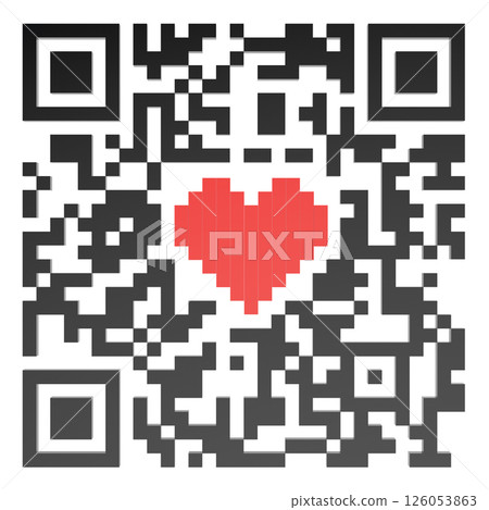 QR code with red heart symbol inside. 3D rendering QR code with red heart symbol inside. 3D rendering 126053863