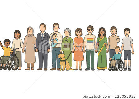 A peaceful illustration of people holding hands in a horizontal line on the theme of diversity 126053932