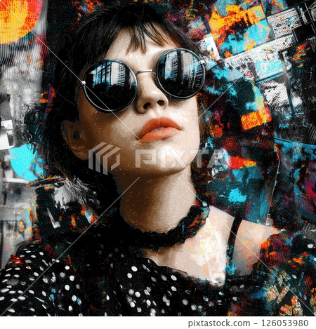Fashion model wearing sunglasses and dotted dress posing with colorful pop art background 126053980
