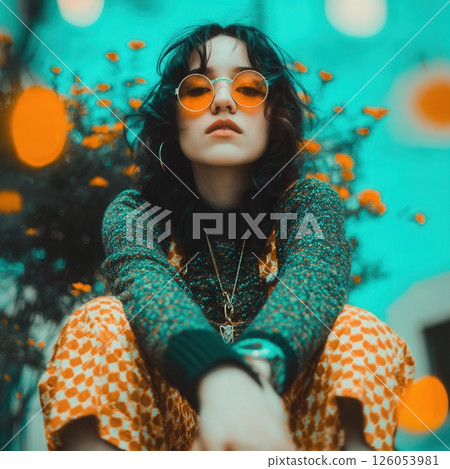 Young stylish woman posing with orange sunglasses and colorful outfit in front of turquoise background 126053981