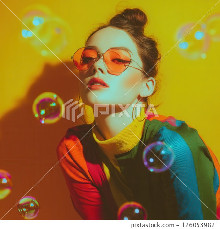 Fashion model posing with soap bubbles and sunglasses on yellow background 126053982