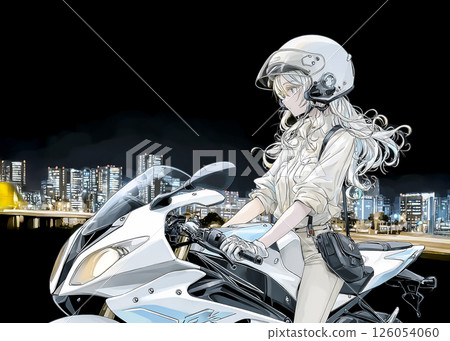 Illustration material of a female rider touring at night on a sports bike Illustration material of a female rider touring at night on a sports bike 126054060