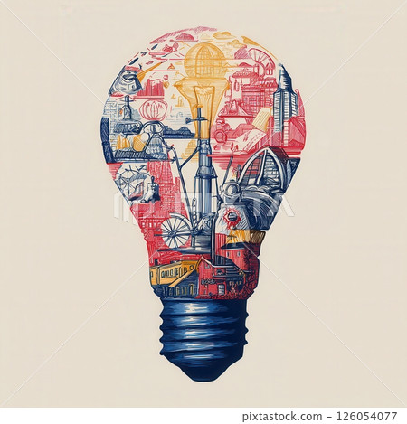 Light bulb filled with cityscape and industrial design sketches symbolizing innovation Light bulb filled with cityscape and industrial design sketches symbolizing innovation 126054077