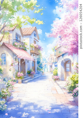 水彩畫櫻花樹風景畫 126054204