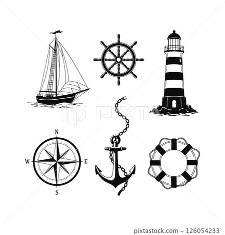 Marine Symbol Collection Black and White Nautical Elements. Sailboat, Ship Wheel, Lighthouse, Compass, Anchor, Life Saver. 126054233