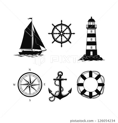 Marine Symbol Collection Black and White Nautical Elements. Sailboat, Ship Wheel, Lighthouse, Compass, Anchor, Life Saver. 126054234