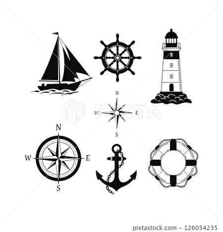 Marine Symbol Collection Black and White Nautical Elements. Sailboat, Ship Wheel, Lighthouse, Compass, Anchor, Life Saver. 126054235