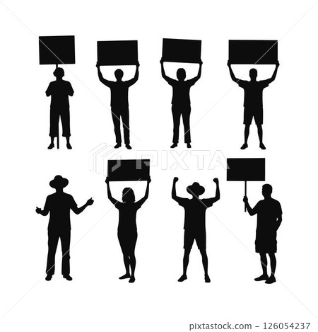 Set of Silhouettes of Activists Holding Up Signs. Set of Protestors Silhouettes Holding Blank Signs. 126054237