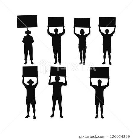 Set of Silhouettes of Activists Holding Up Signs. Set of Protestors Silhouettes Holding Blank Signs. 126054239