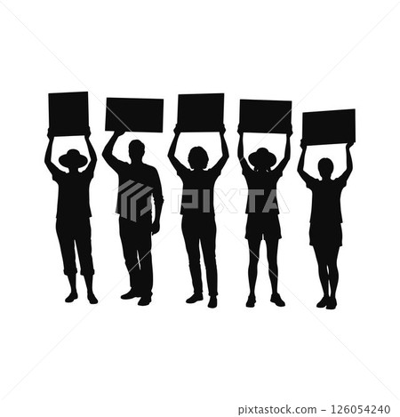 Set of Silhouettes of Activists Holding Up Signs. Set of Protestors Silhouettes Holding Blank Signs. 126054240