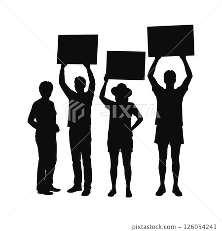 Set of Silhouettes of Activists Holding Up Signs. Set of Protestors Silhouettes Holding Blank Signs. 126054241