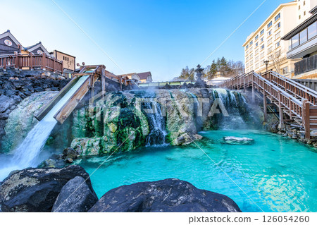 Gunma Prefecture, Kusatsu Town, Agatsuma District, Kusatsu Onsen Yubatake in the morning, Yutaki waterfall Gunma Prefecture, Kusatsu Town, Agatsuma District, Kusatsu Onsen Yubatake in the morning, Yutaki waterfall 126054260