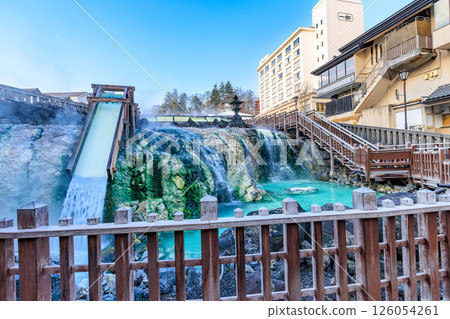 Gunma Prefecture, Kusatsu Town, Agatsuma District, Kusatsu Onsen Yubatake in the morning, Yutaki waterfall Gunma Prefecture, Kusatsu Town, Agatsuma District, Kusatsu Onsen Yubatake in the morning, Yutaki waterfall 126054261