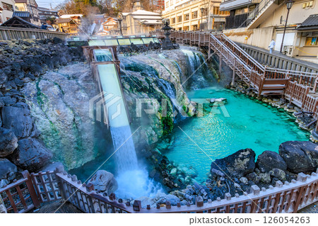 Gunma Prefecture, Kusatsu Town, Agatsuma District, Kusatsu Onsen Yubatake in the morning, Yutaki waterfall Gunma Prefecture, Kusatsu Town, Agatsuma District, Kusatsu Onsen Yubatake in the morning, Yutaki waterfall 126054263