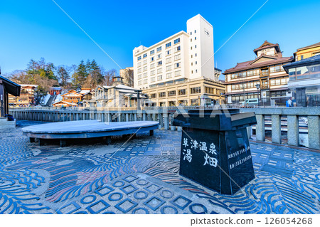 Gunma Prefecture, Agatsuma District, Kusatsu Onsen Yubatake in the morning 126054268