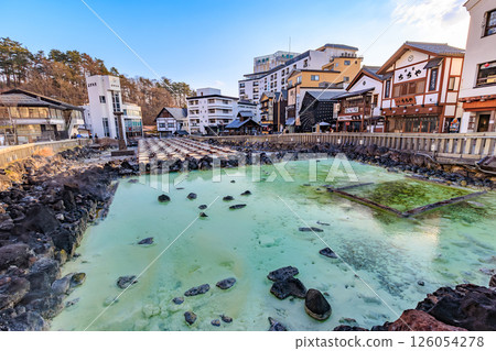 Gunma Prefecture, Agatsuma District, Kusatsu Onsen Yubatake in the morning Gunma Prefecture, Agatsuma District, Kusatsu Onsen Yubatake in the morning 126054278