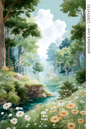 一片奇幻的森林景觀，有一片盛開的草地和一條小溪 126054332