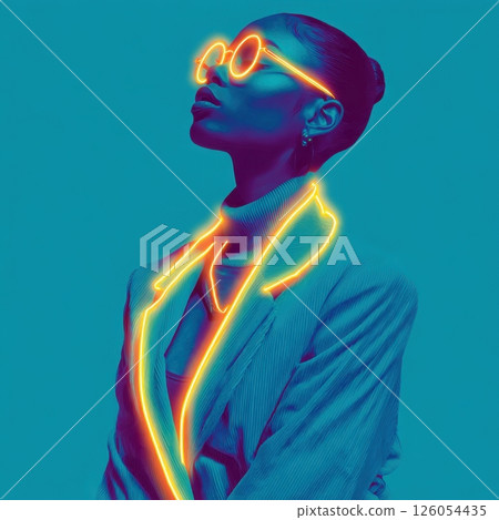 Fashion model wearing neon lights and sunglasses posing on blue background 126054435