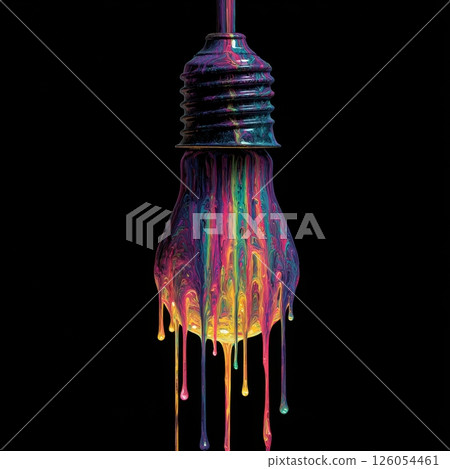 Colorful paint dripping from light bulb on black background 126054461