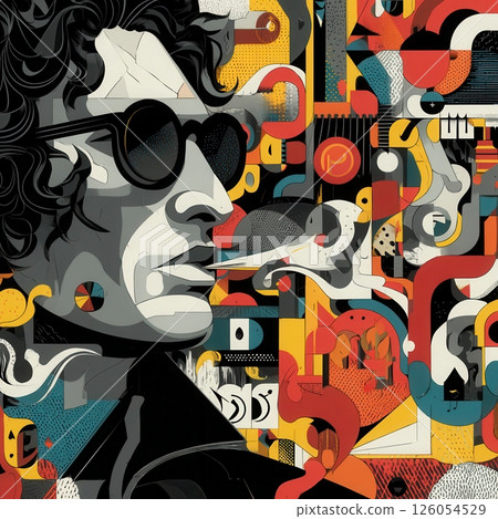 Musician smoking and exhaling abstract shapes and symbols pop art style 126054529